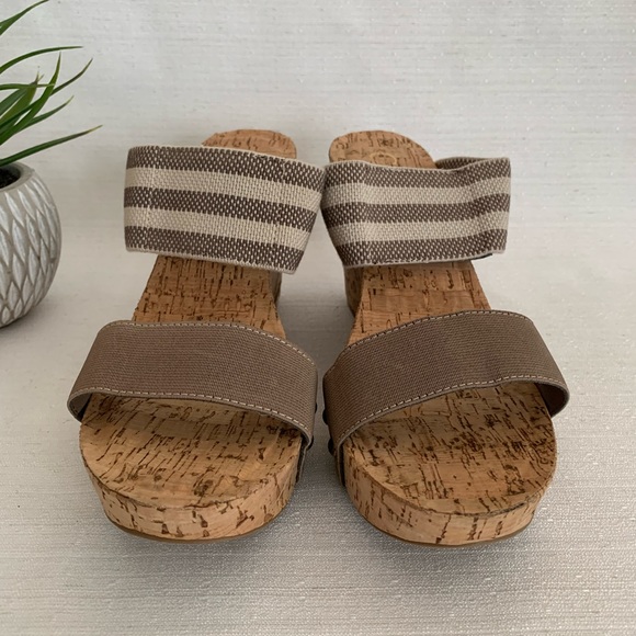 C established 1946 Tan/Stripe Fabric Stride Cork Wedges Slide Sandals Women’s 10 - Picture 4 of 11